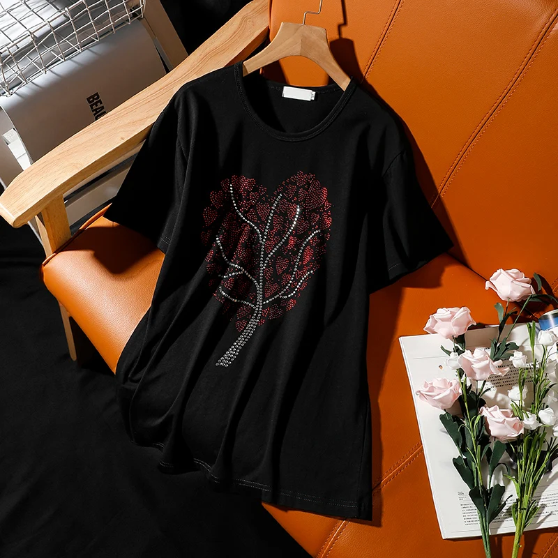 

Loose black T-shirt women 2021 summer new hot drill wild tops fashion diamonds print leaf pattern short-sleeve Bottoming shirt