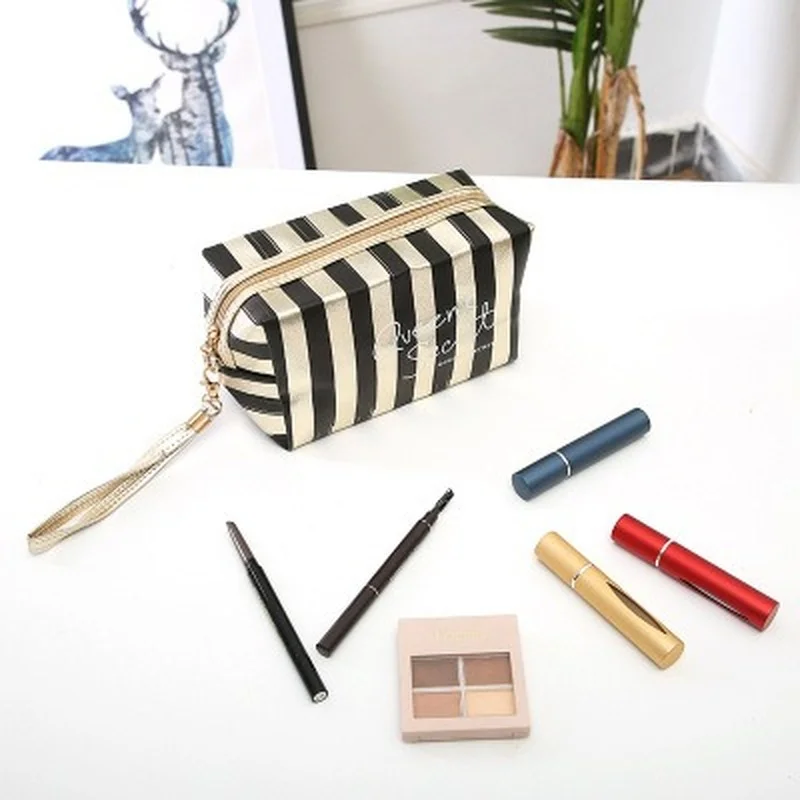 

New Phnom Penh Stripe Cosmetic Bag PU Leather Laser Anise Storage Bag Lady Clutch Bag Portable Toiletry Bag cosmetic bag makeup