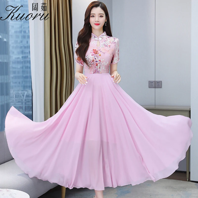 

Summer Midi Pink Vintage Dress Size 4XL Short Sleeve Casual Robe Longue Femme Suknie Wieczorowe Green Maxi Dresses For Women