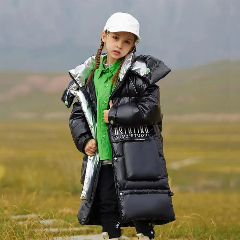 

White Duck Down Hooded Coat Girls Winter Children's Letter Printed Outerwear Thickened Warm Oversized Down Jacket A893
