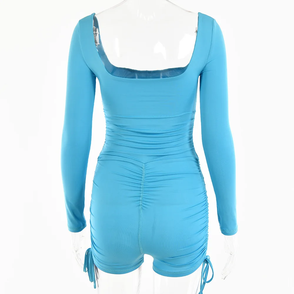 

Casual Drawstring Ruched Long Sleeve Rompers Women Streetwear Square Collar Skinny Biker Shorts Jumpsuit Sports Fitness Outfits