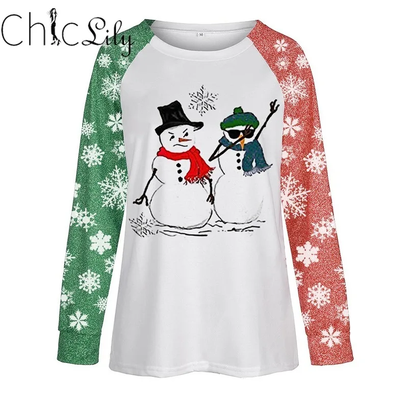 

Chiclily Christmas Print Long Sleeve Pullover Snowman Tree Letter O-neck Sweatshirt Women Autumn Winter Christmas Tops