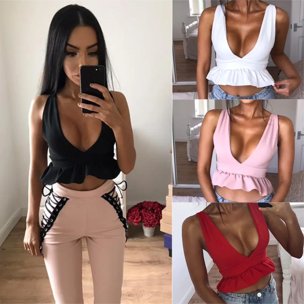 

Женский облегающий топ на бретельках, эластичный Топ без рукавов с глубоким v-образным вырезом, оборками и открытой спиной, вечерние майки, б...