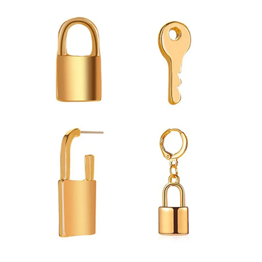 

New 4 Pcs/set Punk Vintage Gold Silver Color Key Lock Stud Earrings For Women Wholesale 2021
