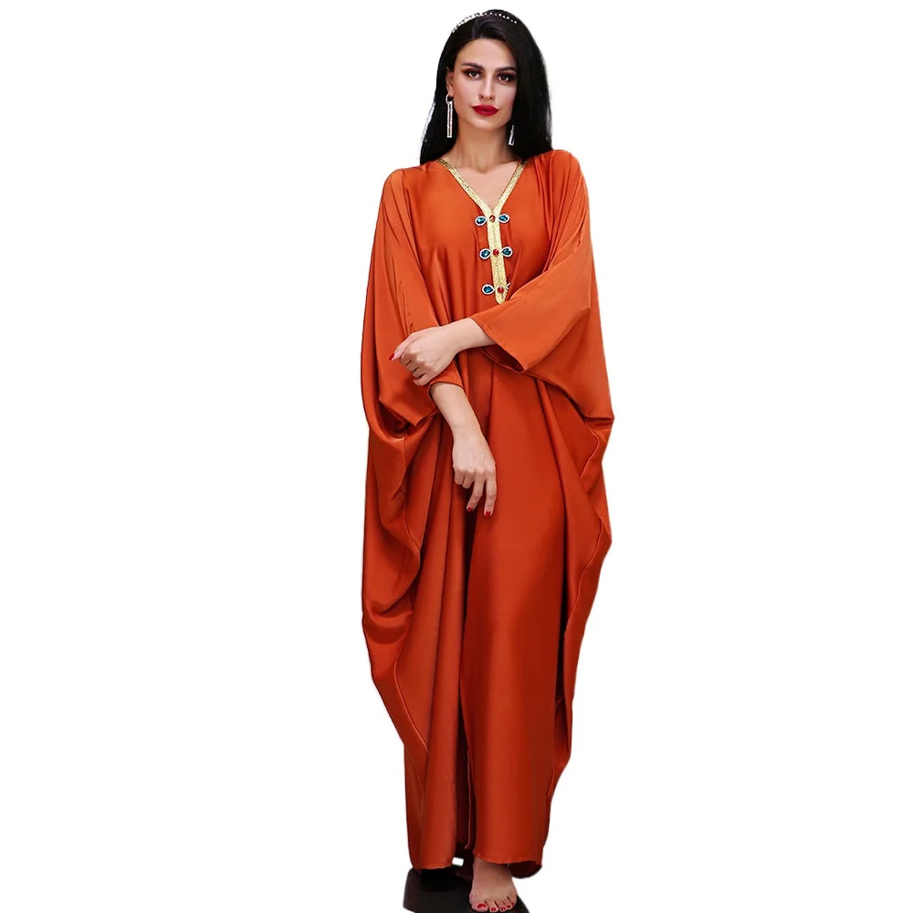 

Muslim Robe Orange Satin Diamonds Loose Bat Sleeve Cloak Middle East Dubai Abaya Turkey Long Dress Muslim Fashion Donsignet
