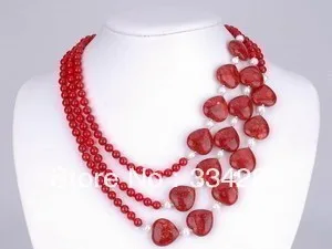 

3Rows 6mm Red Fashion jadetone and Red Heart jade White Pearl Necklace 17-19"