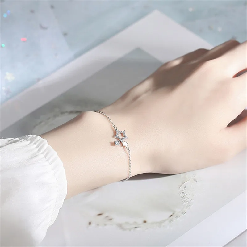 

925 Sterling Silver Crystal Star Charm Bracelet &Bangle For Women Girls Wedding Jewelry SL167