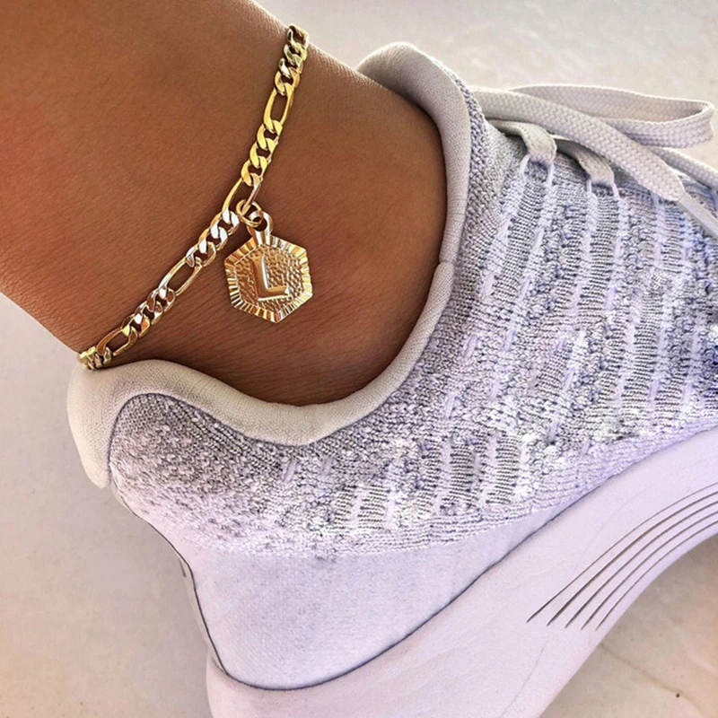 

Dainty A-Z letter Anklet Hexagon Shaped Initial Ankle Bracelet Stainless Steel Feet Jewelry Gold Color Leg Chain Women Gifts