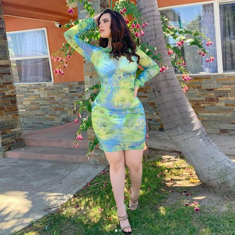 

Dress mini sexy club dress tight party party dress dress with a floral see-through female o neck long sleeve Vestido