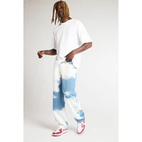 news men casual loose straight denim pants tie dye print sky blue long loose trouser straight jeans button fly full length high