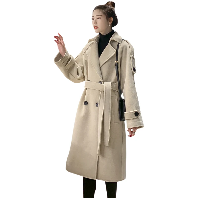 

Women Long Coat Woolen Turn Down Collar Epaulet Sashes Loose Womans Coat 2020 Spring Mid-Length Fashion Elegant Women Long Coat