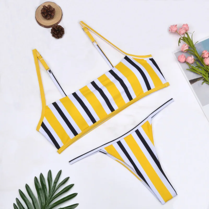 

2021 New sexy bikini set backless swimwear women striped swimsuit bathing suit female solid biquini Brazilian Monokini Beachwear