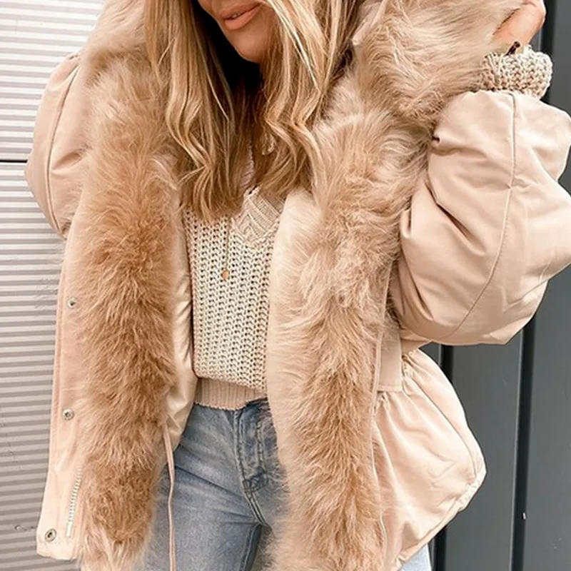 

Hooded Jacket For Women 2022 Winter Warm Faux Fur Parka Cotton-padded Jackets Casual Waist Tightening Oversized Outwear Coat