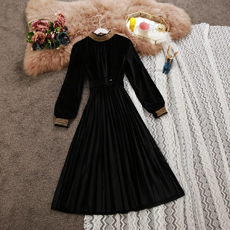 

2020 autumn and winter new women half high-neck lantern sleeve waist velvet pleated dress female solid color elegant dresses