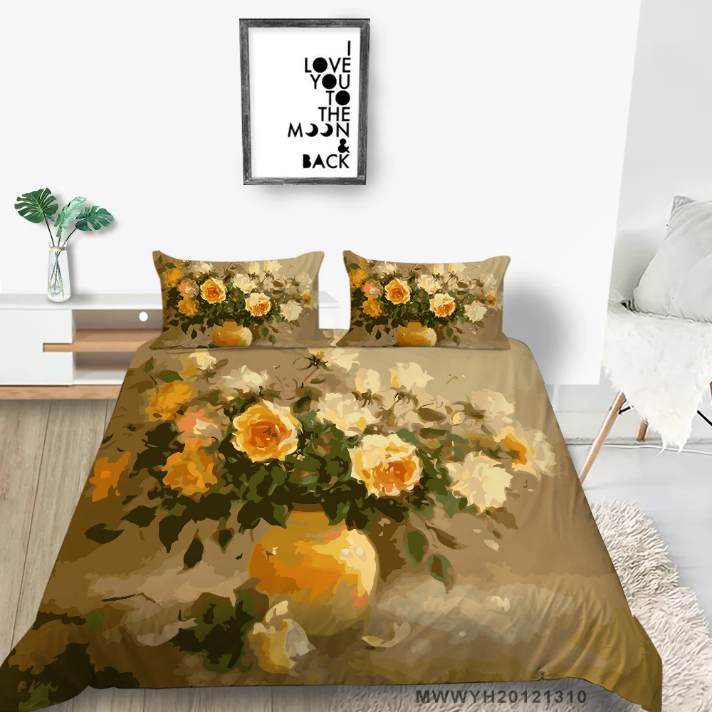 

Retro Style Bedding Set Queen Size Artistic Yellow Flowers Duvet Cover King Double Single Full Twin Bed Set For Girls