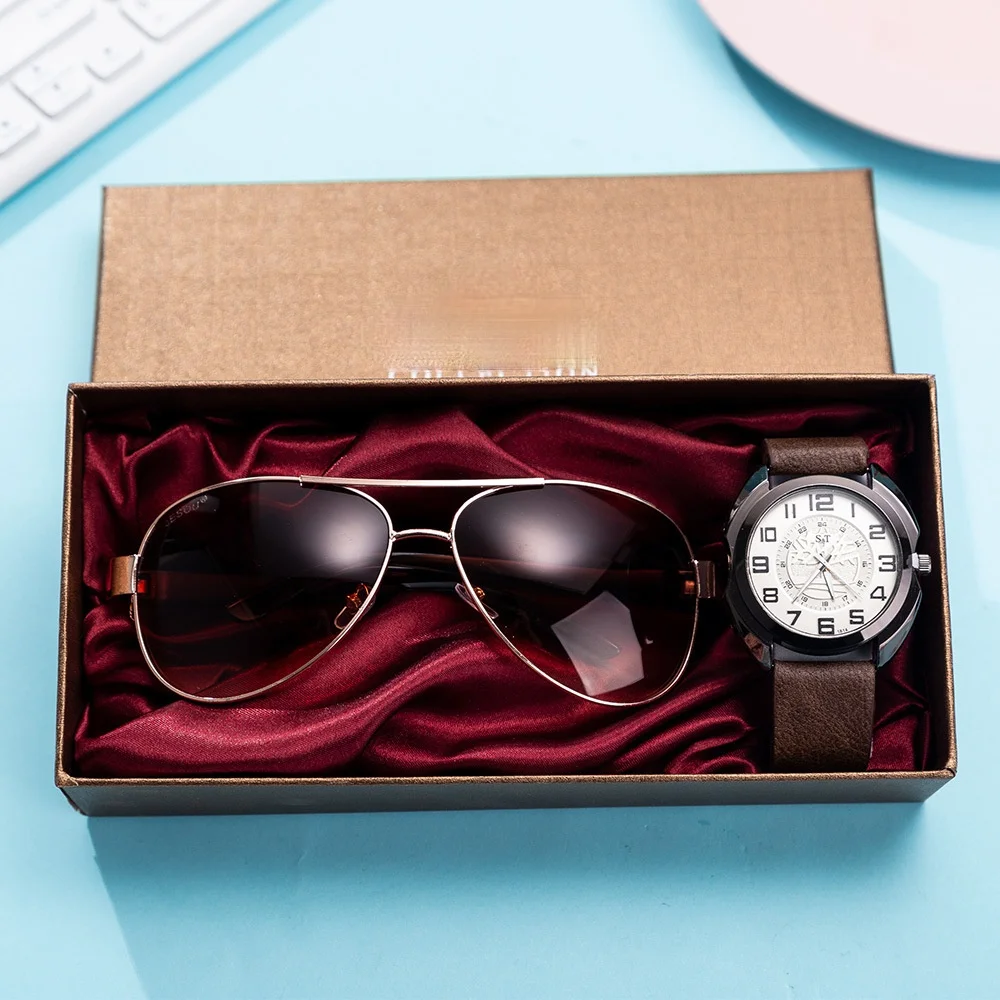 

2pcs / set fashion men's boutique gift set Glasses + large dial quartz watch twist Watch