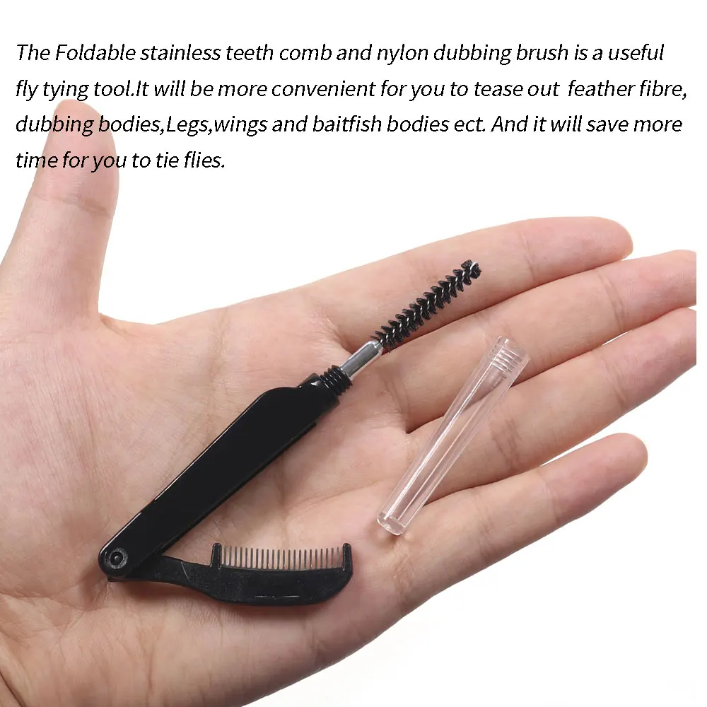1PCS 2 In 1 Fly Tying Tool Foldable Stainless Steel Teeth Comb& Nylon Dub Brush Tease Out Feather Fiber Dubbed Legs Wings Bodies