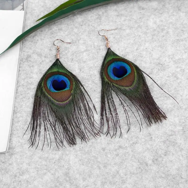 Винтажные длинные серьги с кисточками женское туристическое модное перо павлина