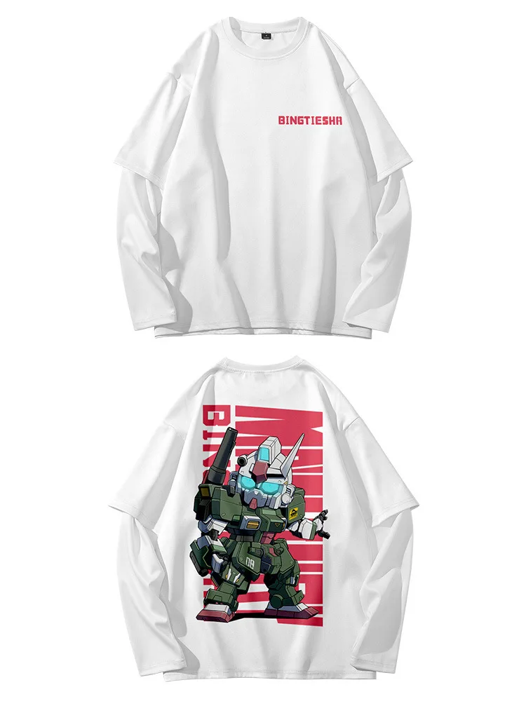 

Men Fake Two Piece Anime T-shirt Tops Long Sleeve Harajuku White Print Tshirts Summer Round Neck Clothes