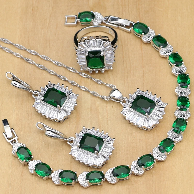 

Bride Silver 925 Jewelry Sets Natural Green Cubic Zirconia White Crystal For Women Earrings/Pendant/Rings/Bracelet/Necklace Set