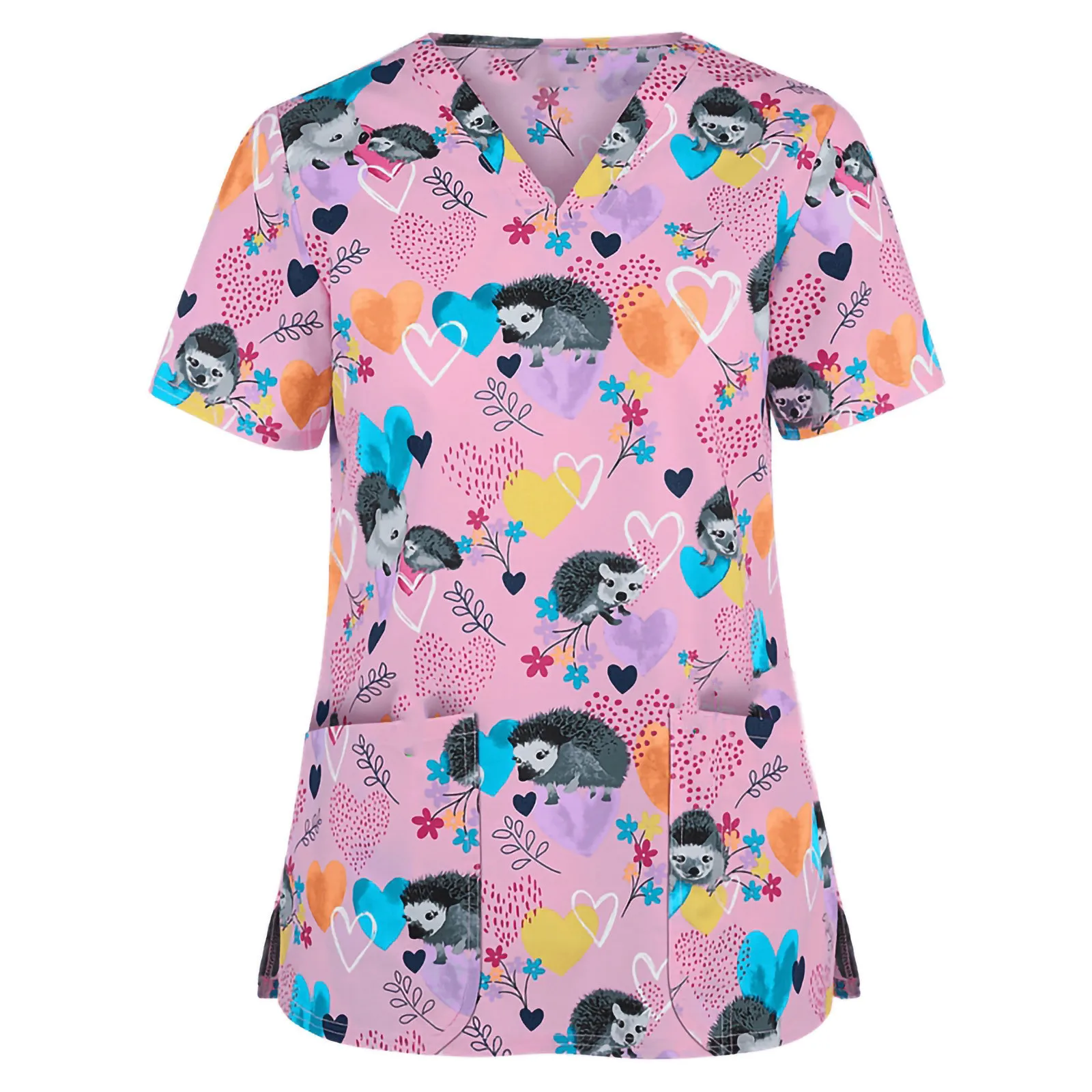 Women's loose casual top womens fashion clothing Women Short Sleeve V-neck Tops Working Uniform Cartoon Print Blouse 여성 의류 |