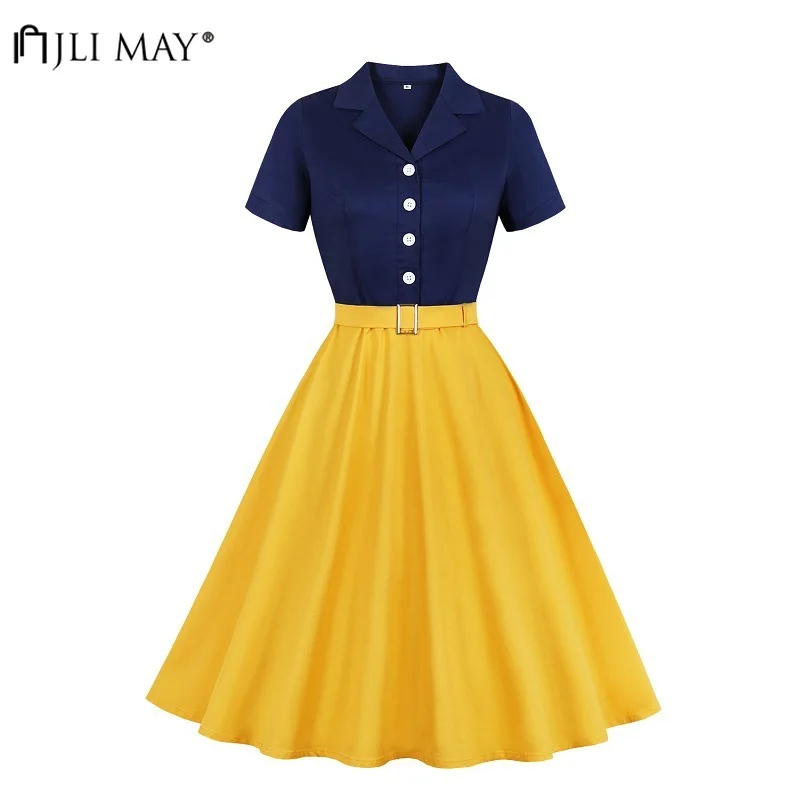 Женская винтажная ретро-юбка с поясом коротким рукавом и отложным воротником |