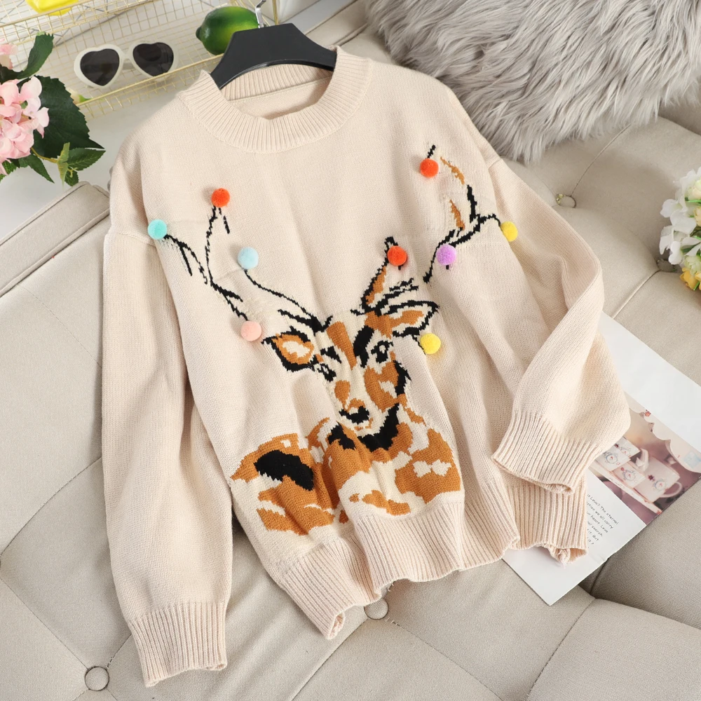 Женский Рождественский свитер с принтом оленя повседневный пуловер длинными