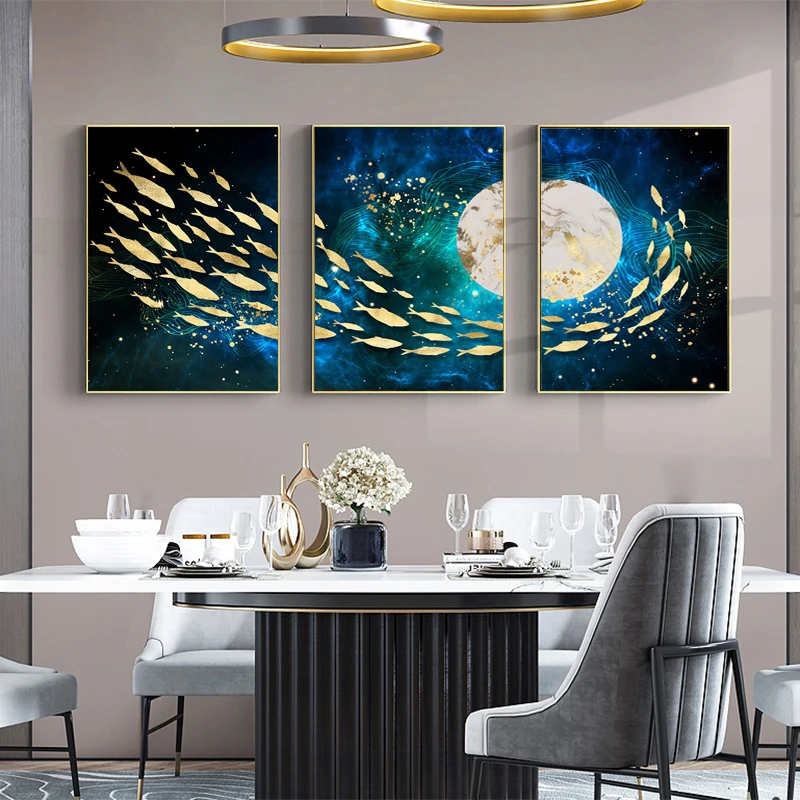 

Nordic Golden Fish Moon Abstract Wall Art Poster Modern Style Canvas Print Painting for Living Room Entrance Decoratio Picture