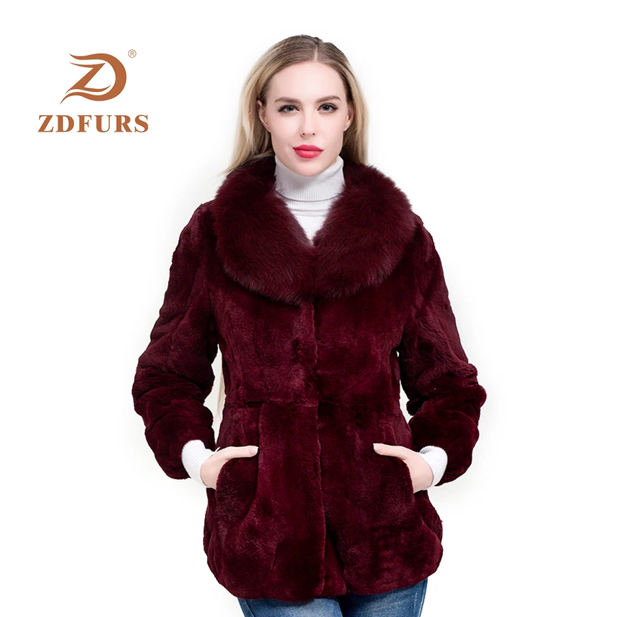 ZDFURS*Luxury Big Genuine Full pelt  REX Rabbit Fur Coat With Real Natural Fox Fur Collar  Customize Plus Size Overcoat