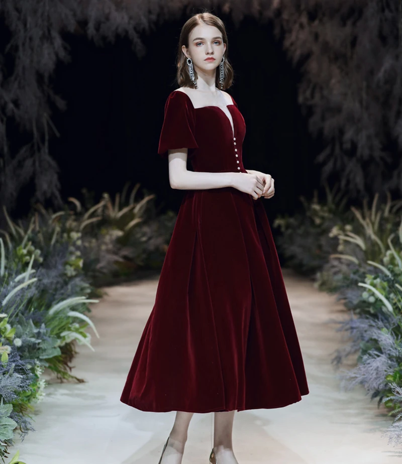 Женское вечернее платье SSYFashion элегантное винтажное велюровое винного цвета для