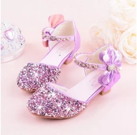 2021 girls bow knot princess shoes with high heeled kids glitter dance performance summer shoes purple pink silver 26 38