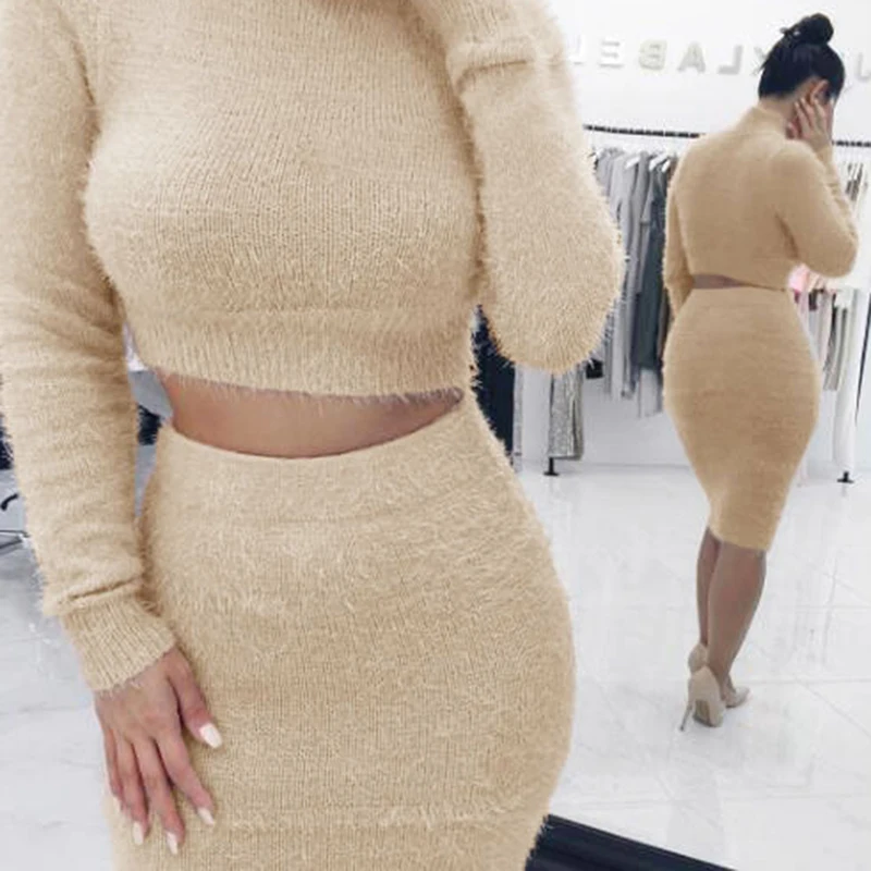 

Winter Soft Warm Knitted Women Pieces Set Casual Full Sleeve Turtleneck Sweater Skirt Female Sweater Suits Two Piece Set