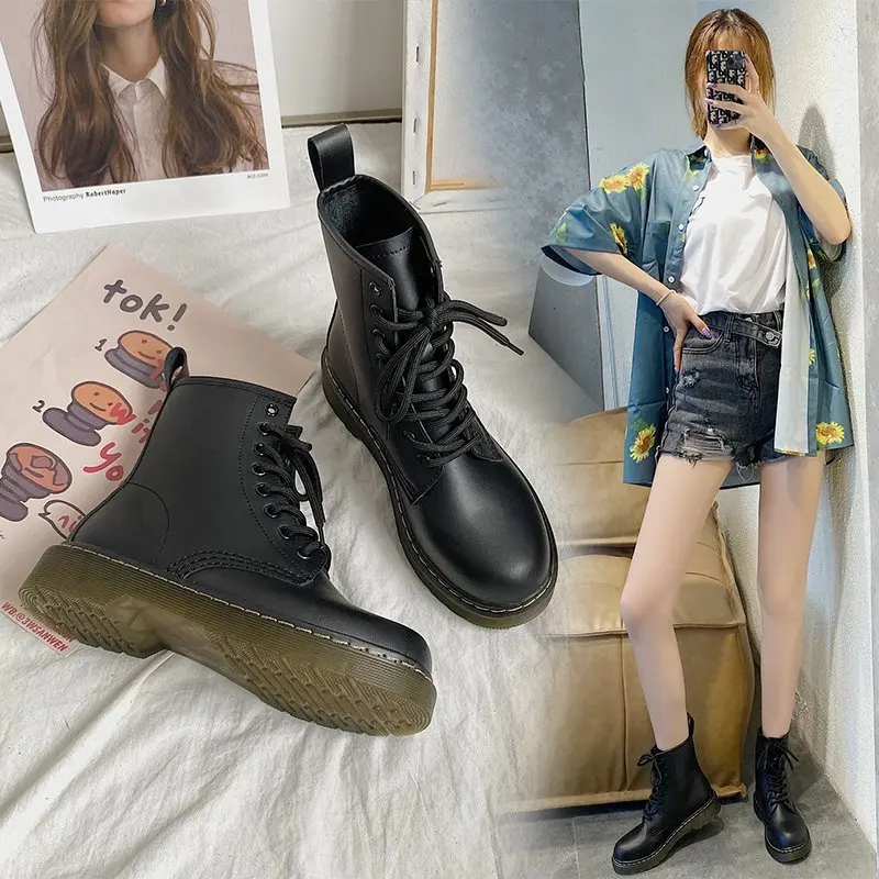 

Solid Black Leather Boots New Autumn Winter Ankle Boots for Women Shoes Woman Thick Bottom Platform Motorcycle Boots Plus Size