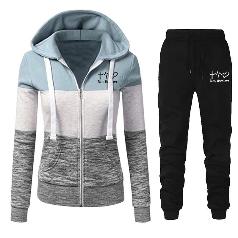 

Осенний женский спортивный костюм из 2 предметов, Лоскутная куртка на молнии с капюшоном и брюки, спортивная одежда, женский спортивный костюм, зимняя одежда