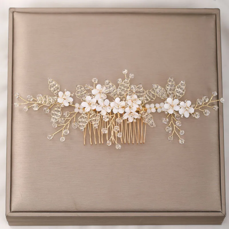 

Bride Hair Jewelry Handmade White Flower Rhinestones Gold Hair Combs Wedding Hair Accessories Prom Ornaments LXH