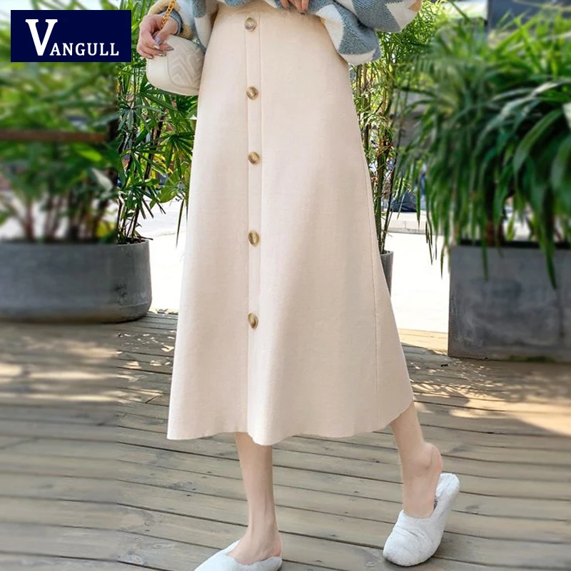 

Vangull Elastic Waist Knitted Skirt Women Korean Version Spring Autumn New Slim A-Line Skirt Mid-Calf Female Party Sweater Skirt