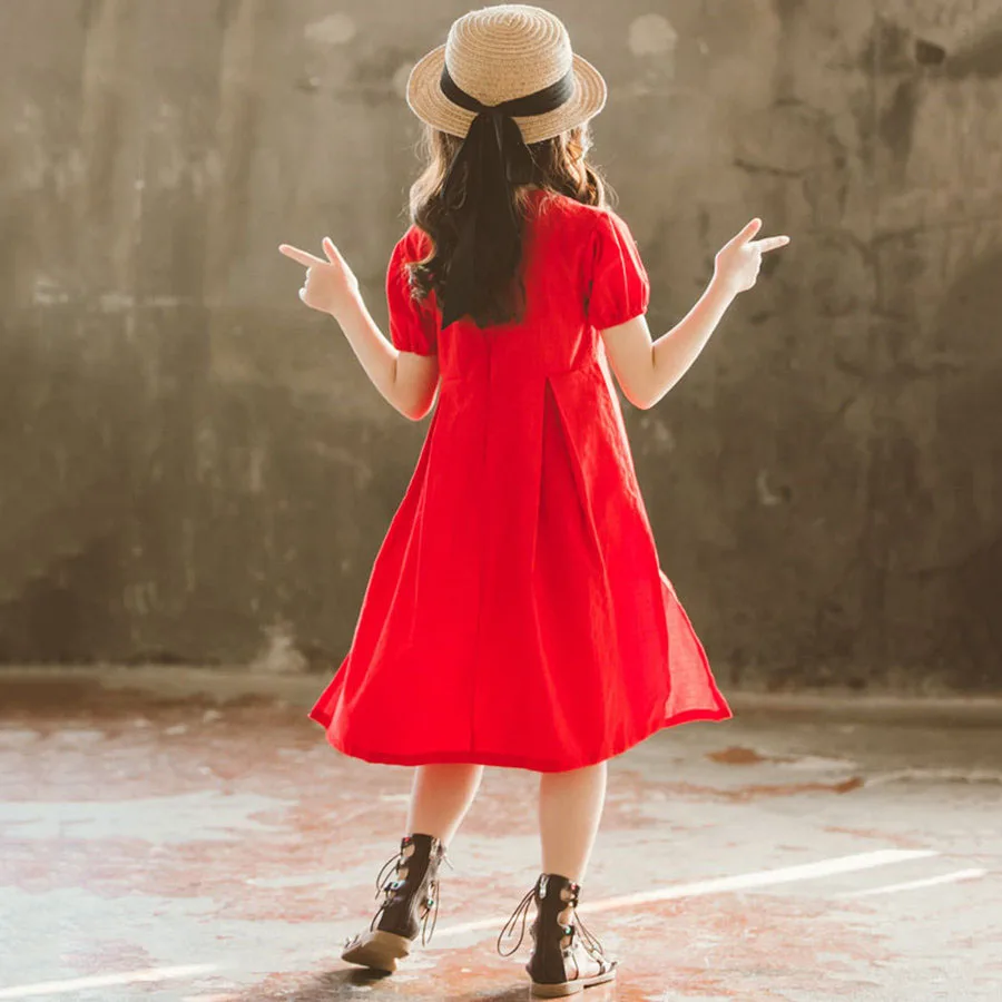 

Summer Red Short Sleeve O Neck Minimalist Dress Girls 4-15 Year Simple Solid Split Hem Back Zipper Cotton Mid Calf Dresses Teens