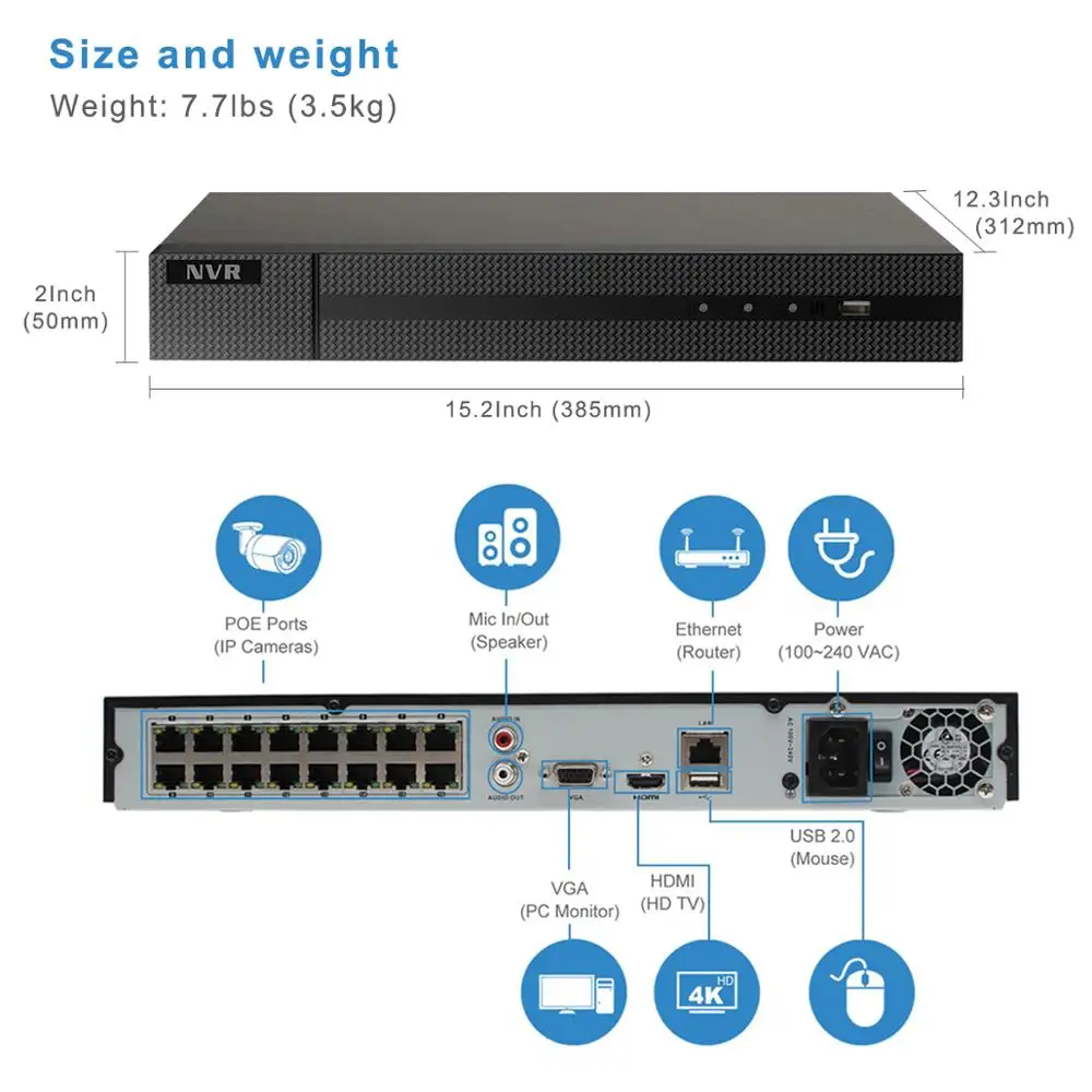 Сетевой видеорегистратор Hikvision OEM NVR Anpviz 4K 8 Мп 16 каналов H.265 + POE Hik Connect сетевое