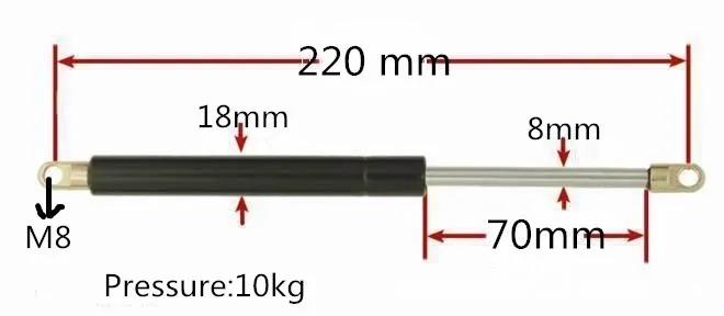 

2PCS 10KG/13.2lb Force 70mm Long Stroke 220mm Hole Distance Auto Gas Spring Hood Lift Support M8 Hole Diameter Sliver Tone