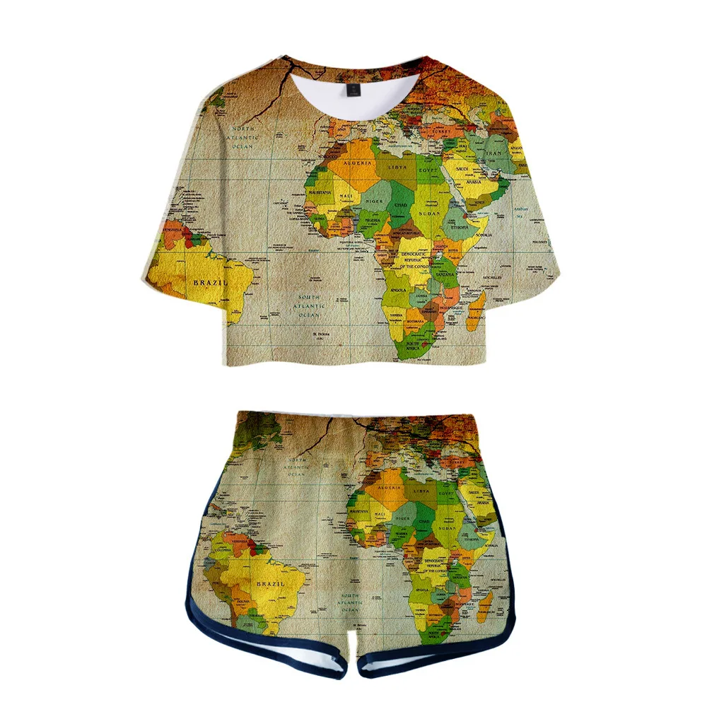 Женский спортивный костюм с принтом карты мира комплект из двух предметов
