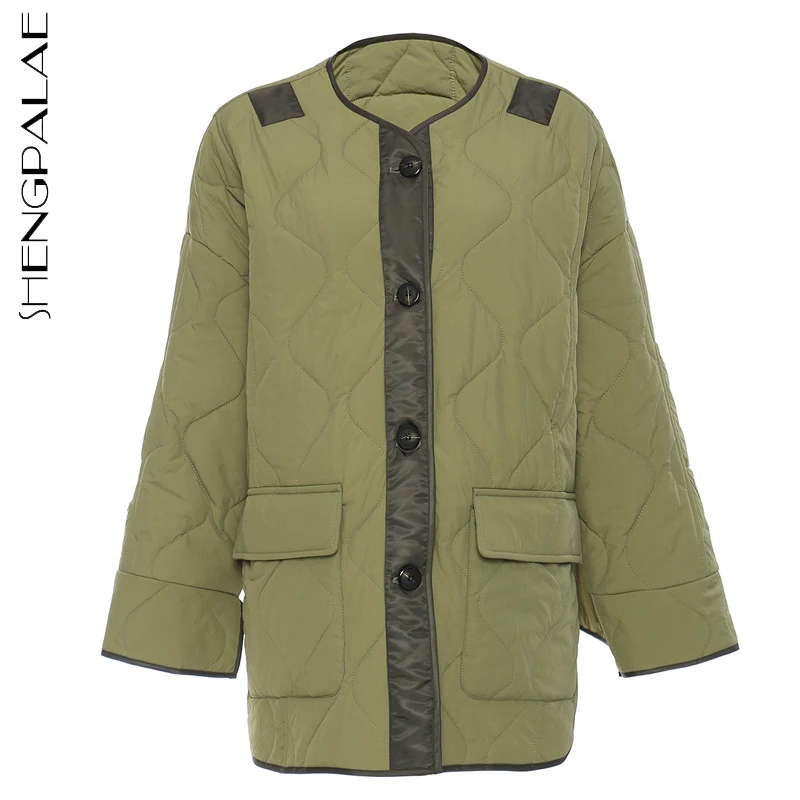

SHENGPALAE Fashion Green Cotton Padded Jacket Women's Winter 2021 New Round Neck Loose Single Breasted Long Sleeve Parker Coat