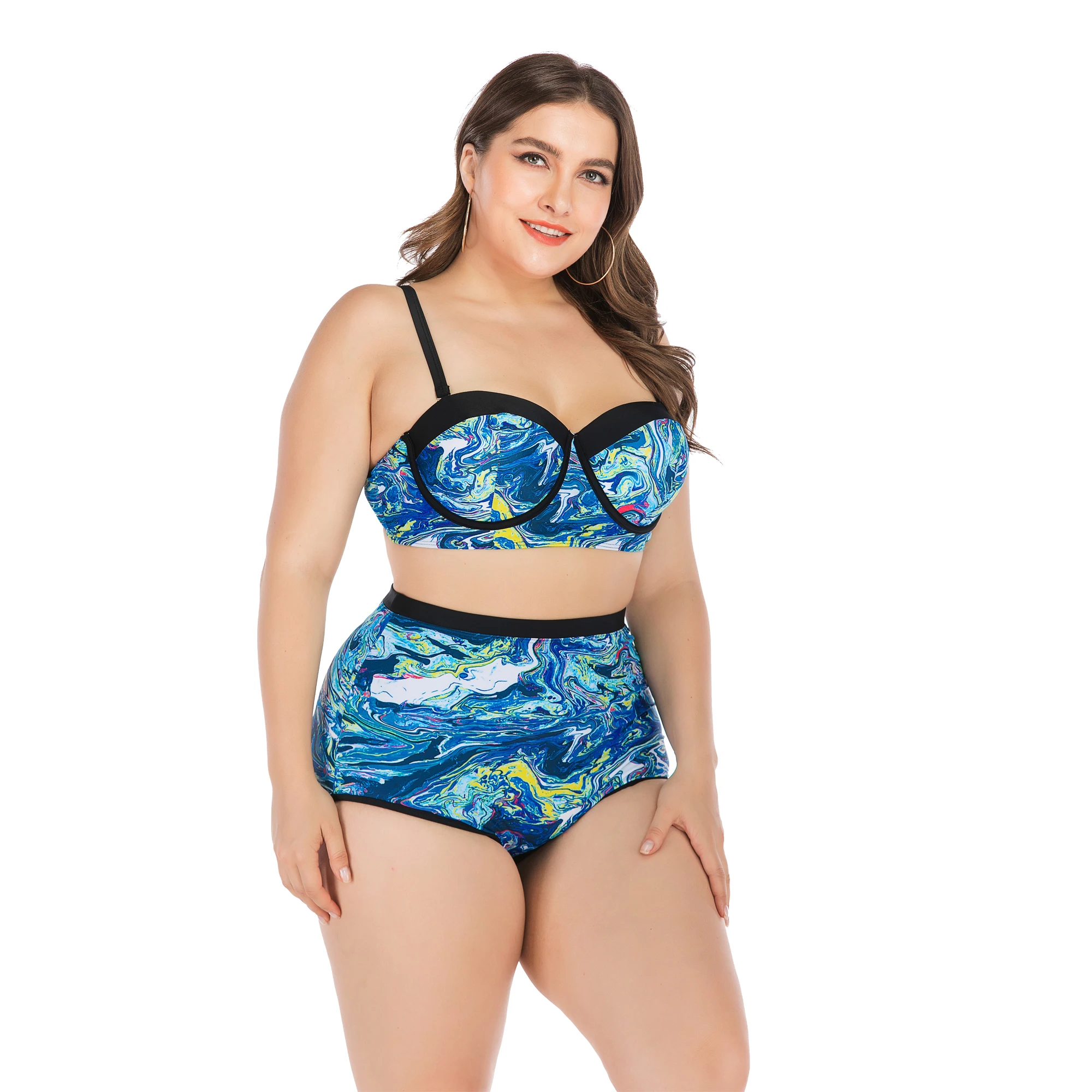 Женский купальник бикини с принтом в стиле ретро высокой талией комплект размера