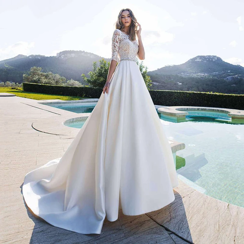 Купи Soft Satin Wedding Dresses With Sleeves Lace Appliques Beach Bride Dress Women Plus Size Wedding Gowns vestido de noiva за 5,327 рублей в магазине AliExpress