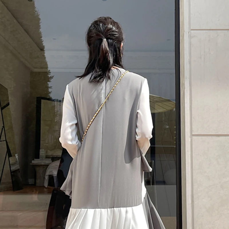 

XIZIHUPAN Elegant Solid Coats For Women Lapel Sleeveless Patchwork Bowknot Coats Female Summer Fashion New Clothing 2021 Stylish