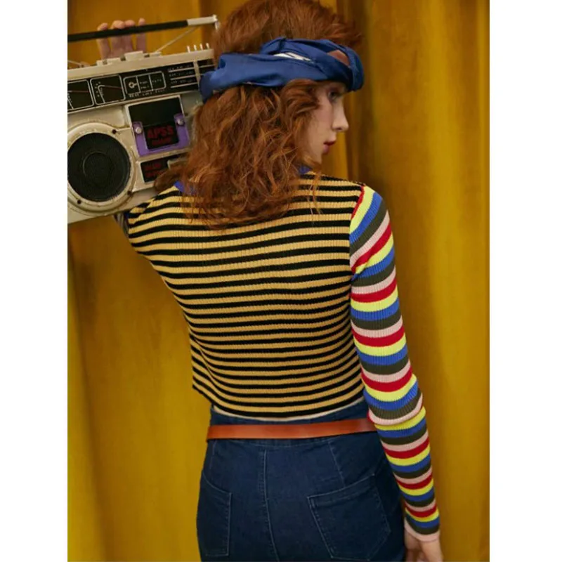 ZAFUL один размер контрастные радужные полосы укороченный свитер тонкий короткий