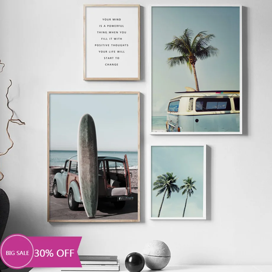 

Seaside Beach Surfing Car Coconut Tree Quote Wall Nordic Posters and Prints Living Room Decoration Canvas Painting