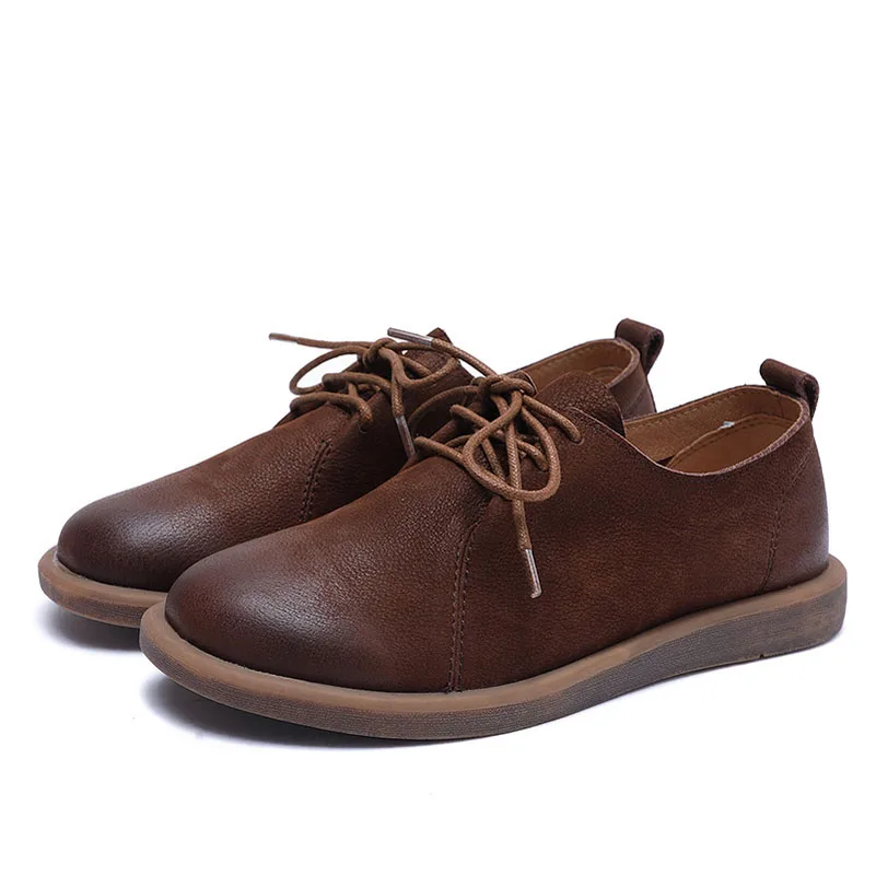 

YourSeason Women Retro Lace Up Flats Genuine Leather 2021 Spring Autumn Round Toe Shallow Female Casual Concise Oxfords Shoes