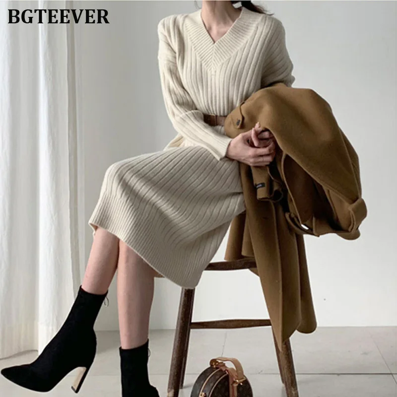 Осенне-зимнее прямое трикотажное платье для женщин с v-образным вырезом женское