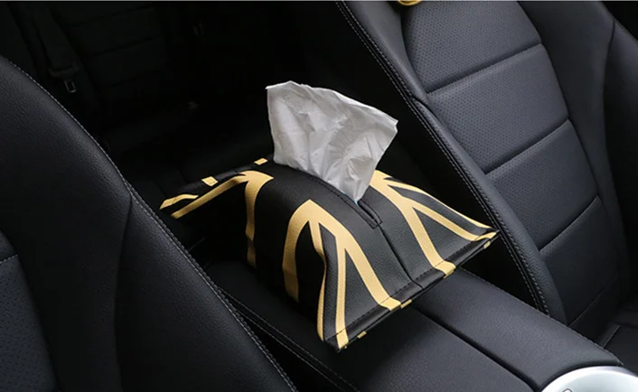 

Leather Tissue Box Holder for Auto Styling for Cooper Checkered Gold Union Jack Cartoon Tissue Bag for Min Car Assessoires