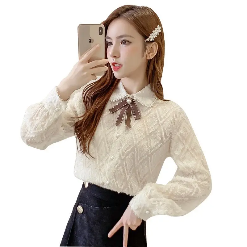 

2021 Spring Autumn New Women Blouses Slim Bottoming Long-sleeve Shirt Lace Bow Casual Shirts Blouse Y276